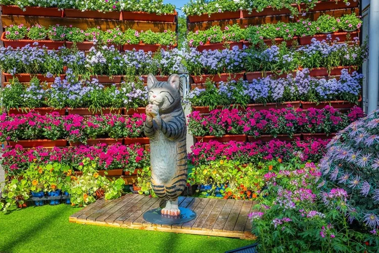 朝隈俊男「合掌貓咪」搭配花牆的映襯，有迎賓之意。北市公園處提供