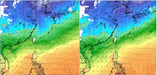最新(15日20時)歐洲模式(ECMWF)，22日8時模擬圖顯示，強冷空氣南下，其強度略調強，850百帕零度(紅)線觸及北部陸地(左圖)。最新美國模式(GFS)，22日8時模擬圖則顯示，冷空氣亦略調強，850百帕零度(紅)線，亦觸及北部陸地(右圖)。氣象應用推廣基金會