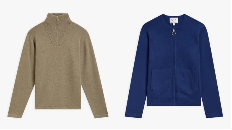 agnès b.女裝喀什米爾毛衣（左）2萬6980元、喀什米爾拉鍊外套（右）2萬9980元。品牌提供