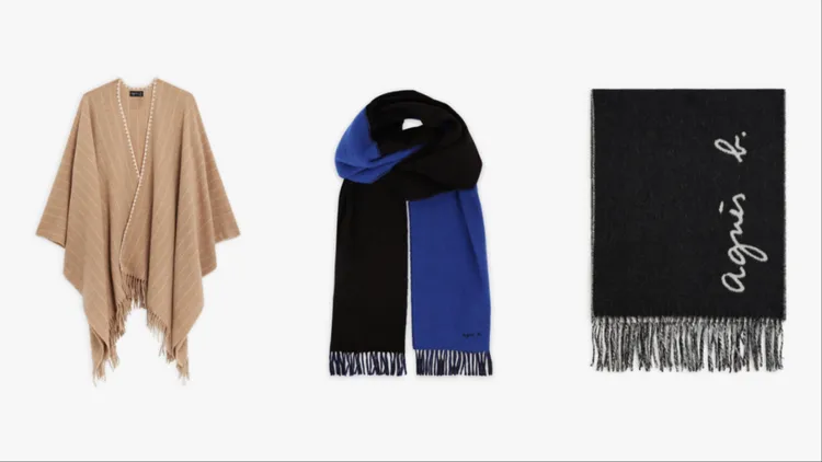 agnès b.羊毛Estée披肩（左起）9580元、雙色羊毛Bilal圍巾4580元、Flèche羊毛圍巾5980元。品牌提供