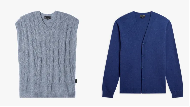 agnès b.男裝羊駝毛針織背心（左）1萬2980元、平針織Edwin羊駝毛開襟外套（右）1萬3980元。品牌提供