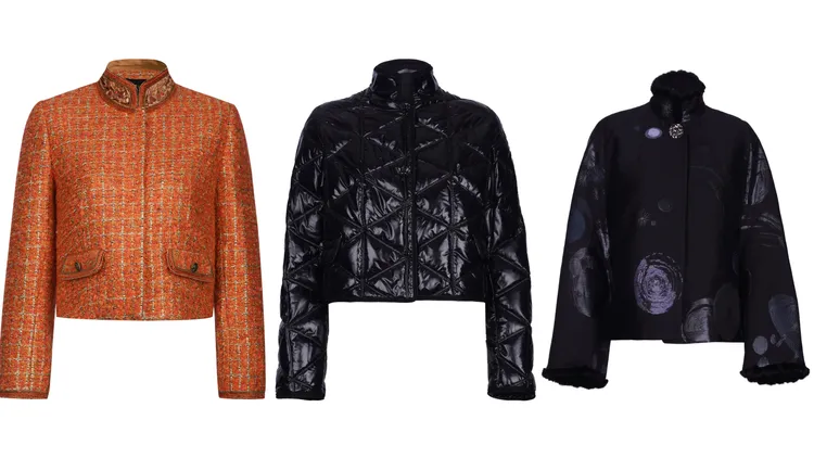 （左起）毛呢縫珠立領短外套4萬8800元、立領羽絨短外套4萬2800元、貂毛飾邊寬袖外套5萬4800元。品牌提供