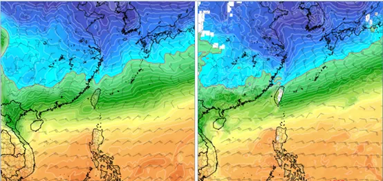 最新(7日20時)歐洲模式(ECMWF)，週六(14日)20時模擬圖顯示，850百帕零度(紅)線，在北部近海(左圖)。最新(7日20時)美國模式(GFS)，14日20時模擬圖則顯示，850百帕零度(紅)線，已觸及北部陸地(右圖)。氣象應用推廣基金會
