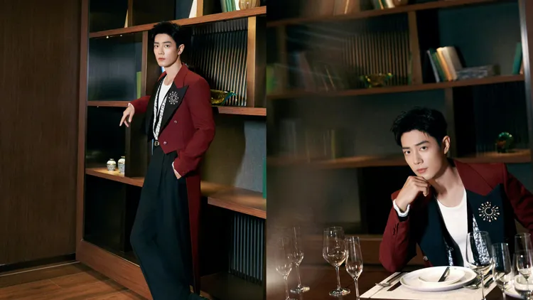 肖戰穿著酒紅色拼接西裝外套。品牌提供