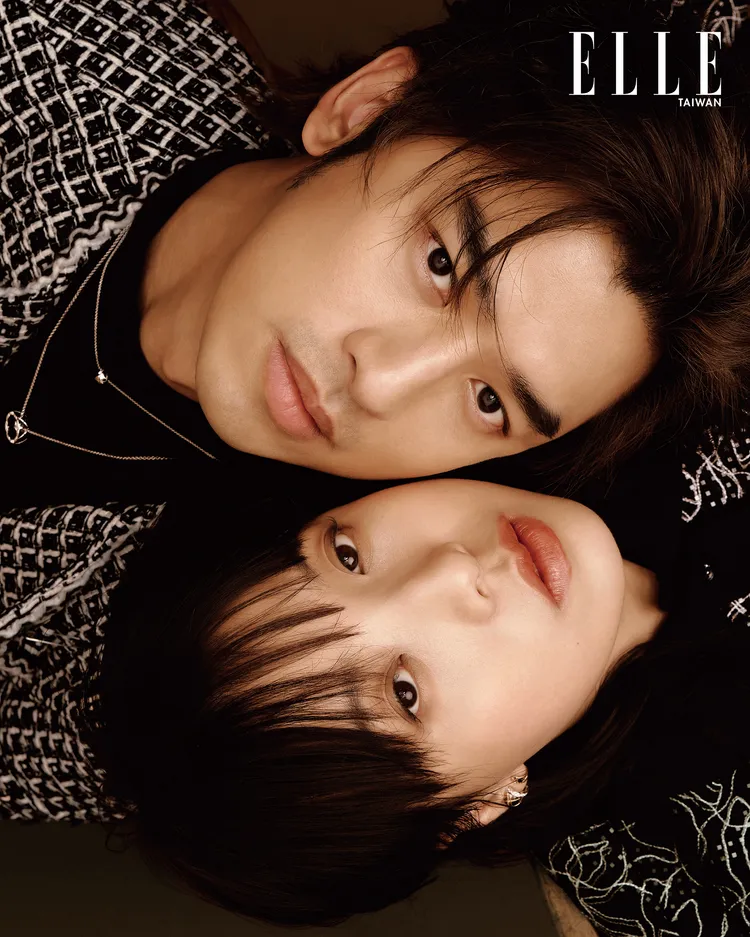 陳柏霖（上）、鍾雪瑩（下）拍攝《ELLE》封面。《ELLE》國際中文版提供