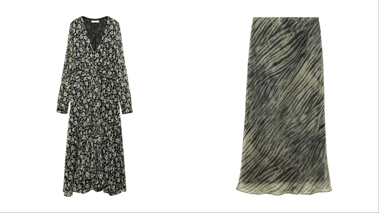 MANGO印花洋裝（左）1990元、MANGO雪紡長裙（右）1590元。品牌提供