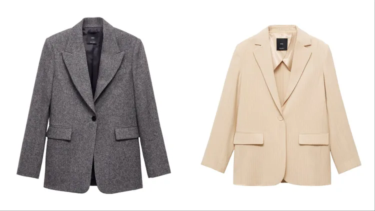 MANGO毛呢西裝外套（左）2990元、MANGO條紋西裝外套（右）1790元。品牌提供