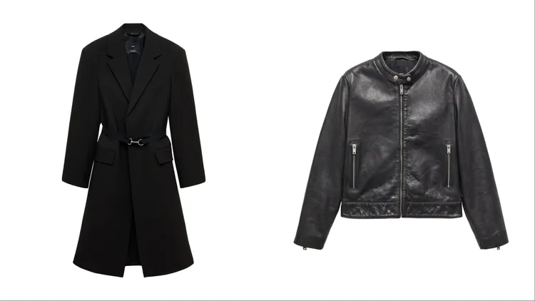 MANGO腰帶大衣（左）4990元、MANGO皮革夾克（右）3990元。品牌提供