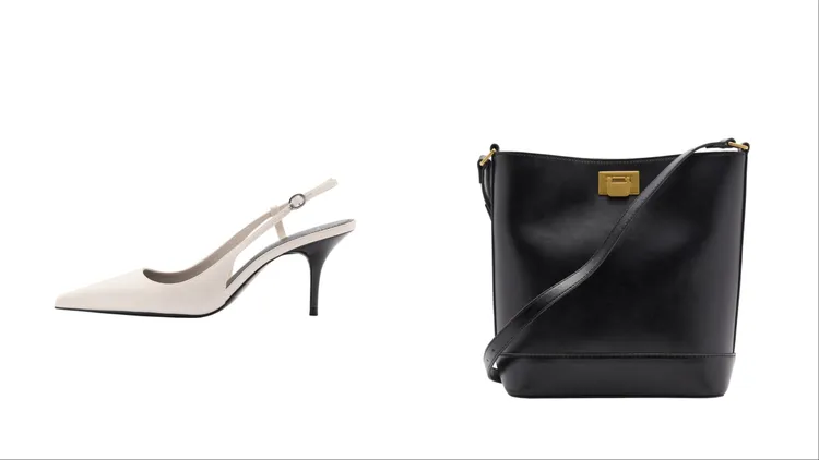 MANGO細跟尖頭鞋（左）990元、MANGO黑色金扣包（右）1290元。品牌提供