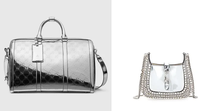 壓紋中型水桶袋（左）9萬2600元、Jackie Notte銀色鏡面鑲鑽肩背包（右）41萬8900元。品牌提供