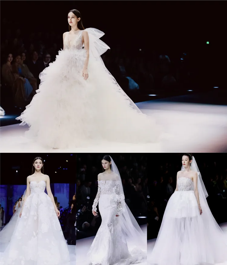 高級訂製婚紗系列經由層層精心疊加的細紗呈現出通透感與層次感。品牌提供