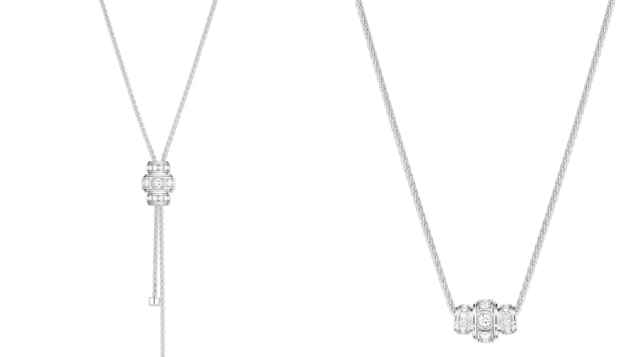 Possession系列18K白金鑽石流蘇長項鍊(左)約52萬元、18K白金鑽石項鍊(右)43萬1000元。品牌提供