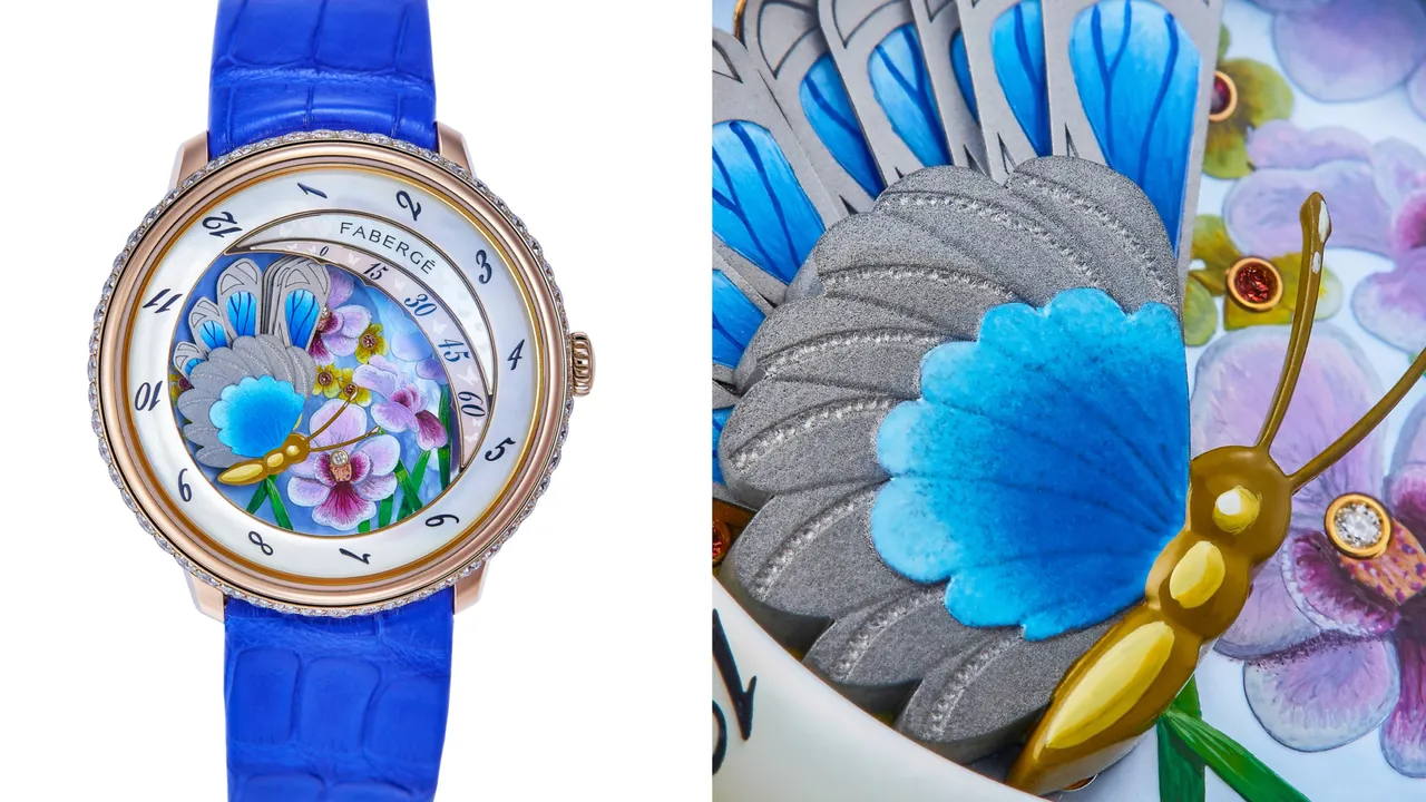 SHH x Fabergé Compliquée Butterfly Gardenia Platinum Jubilee Edition，38mm，18K玫瑰金錶殼，5級鈦金屬蝴蝶、微繪花朵、珍珠母貝錶盤，藍色鱷魚皮錶帶和額外的黑色緞面錶帶，6901手動上鍊機械機芯，動力儲存50小時，防水深度30米，限量1只，268萬8000元。品牌提供
