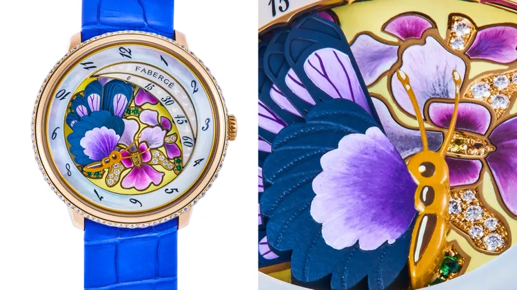 SHH x Fabergé Compliquée Butterfly Blossom Platinum Jubilee Edition，38mm，18K玫瑰金錶殼，5級鈦金屬蝴蝶、微繪花朵、珍珠母貝錶盤，藍色鱷魚皮錶帶和額外的黑色緞面錶帶，6901手動上鍊機械機芯，動力儲存50小時，防水深度30米，限量1只，268萬8000元。品牌提供