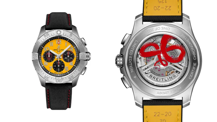 百年靈B01計時碼錶44赤蛇限量版，44mm，精鋼錶殼，黃色錶盤，煙煤色軍隊風皮革錶帶配紅色縫線，百年靈自製01自動機些上鍊機芯，動力儲存70小時，防水深度300米，限量200只，24萬1000元。品牌提供