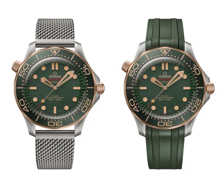 OMEGA海馬潛水300米腕錶，42mm，鈦金屬青銅金錶殼，綠色錶盤，歐米茄8806自動上鍊機芯，動力儲存55小時，防水深度300米，鈦金屬錶鍊35萬5000元、橡膠錶帶32萬8000元。品牌提供
