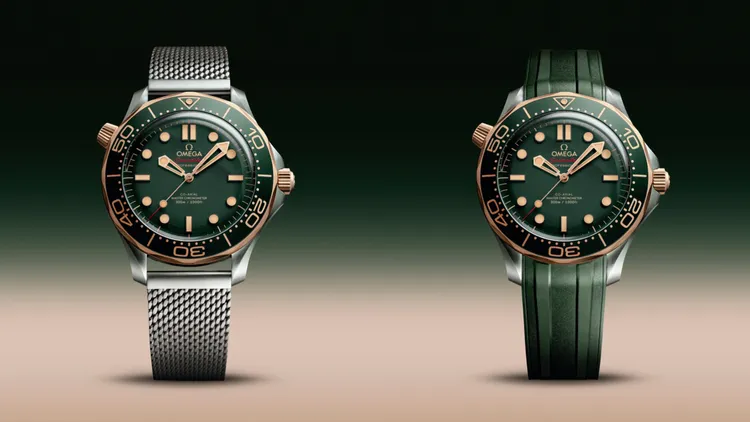 OMEGA海馬潛水300米腕錶，42mm，鈦金屬青銅金錶殼，綠色錶盤，歐米茄8806自動上鍊機芯，動力儲存55小時，防水深度300米，鈦金屬錶鍊35萬5000元、橡膠錶帶32萬8000元。品牌提供
