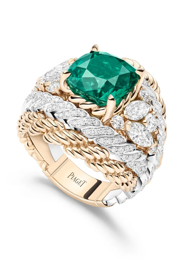 伯爵Essence of Extraleganza頂級珠寶系列18K玫瑰金哥倫比亞祖母綠鑽石戒指，約2230萬元。品牌提供