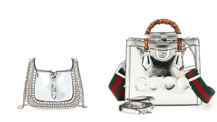 GUCCI Jackie Notte銀色鏡面鑲鑽肩背包（左）41萬8900元、DIANA銀色鏡面手提包（右）17萬1600元。品牌提供