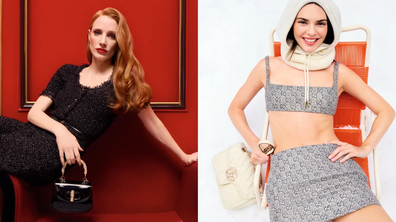 奧斯卡影后潔西卡雀絲坦（左圖）、辣模肯黛兒（右圖）演繹GUCCI Gift假日禮讚系列。品牌提供