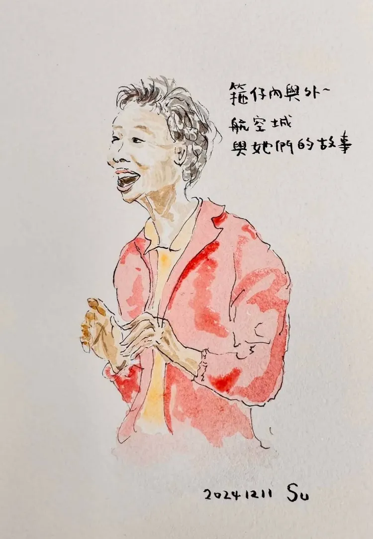 蘇俊賓手繪農村商店老闆娘謝詹春花。蘇俊賓提供