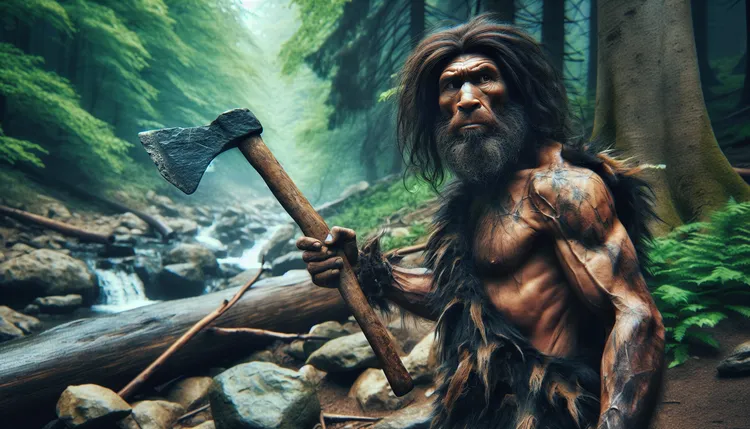 石器時代的尼安德塔人使用石斧當成武器。AI生成示意圖