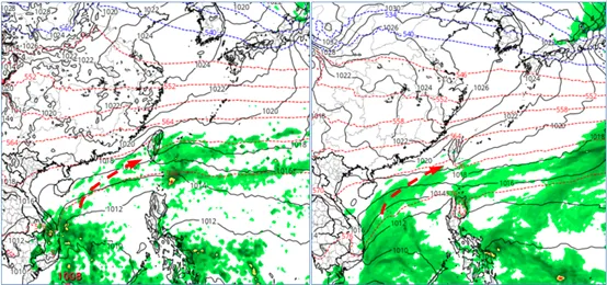 最新(27日20時)歐洲模式(ECMWF)，1日8時地面模擬圖(左圖)顯示，南方中層雲系逐漸北移、帶來降雨。最新美國模式(GFS)，同時的模擬圖(右圖)亦顯示，南方中層雲系逐漸北移，但時間比較落後。氣象應用推廣基金會
