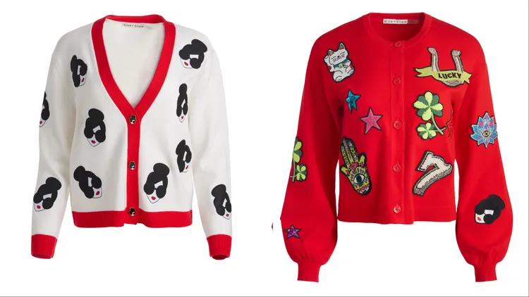 alice + olivia BRADLEY STACEFACE針織外套（左起）1萬6900元、ZOLA STACEFACE針織外套2萬2900元。品牌提供