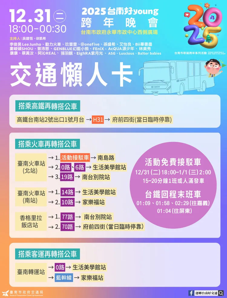 市府呼籲要參加跨年晚會民眾，可多搭乘公車、接駁專車前往。南市府提供
