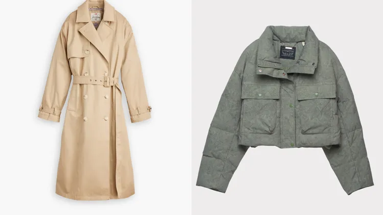 Levi's卡其色長板風衣外套（左）、墨綠色羽絨外套（右），各5990元。品牌提供