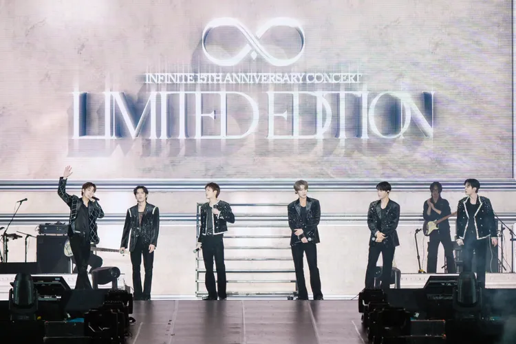 INFINITE隊長金聖圭（左起）、張東雨、南優鉉、李成烈、L、李成種時隔1年合體來台。D-SHOW提供