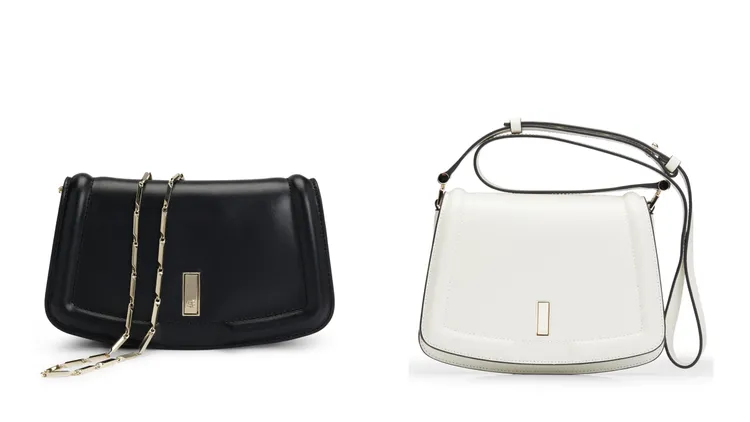 BOSS黑色鍊帶肩背晚宴包（左）1萬3400元、白色肩背包（右）1萬6900元。品牌提供