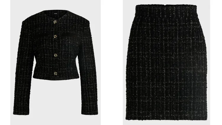 BOSS黑色金屬光澤毛呢短外套（左）1萬5400元、黑色金屬光澤毛呢短裙（右）8900元。品牌提供