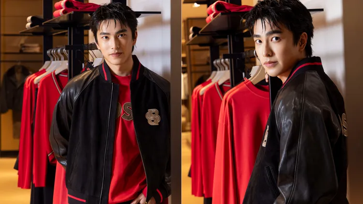 曾敬驊身穿農曆新年系列羊皮拼接棒球外套、紅色運動衫、黑色牛仔褲。品牌提供