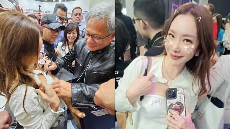 黃仁勳在女子胸口簽名引發熱議。左圖翻攝自財經作家游庭皓、右圖翻攝自IG
