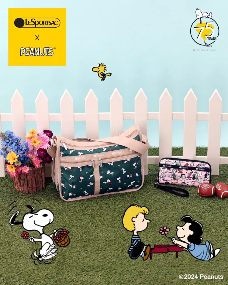 「Snoopy and Woodstock Green史努比與糊塗塔克」印花透過墨綠色呈現出PEANUTS角色的經典幽默。品牌提供