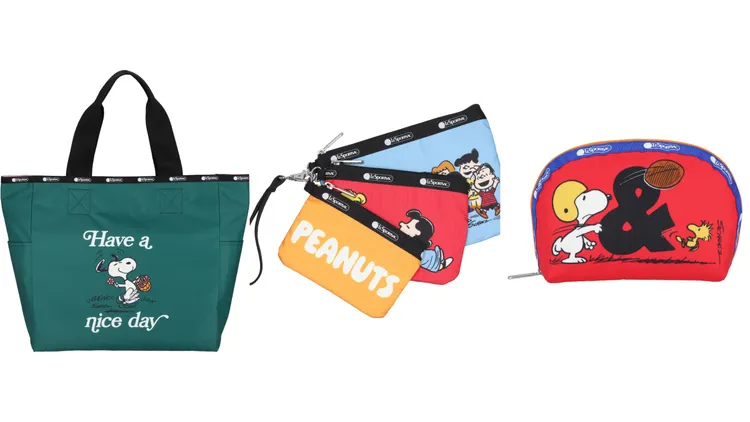 「Peanuts史努比與夥伴」大型雙面托特包（左起）5850元、手提袋組合2950元、中型半圓化妝包1500元。品牌提供