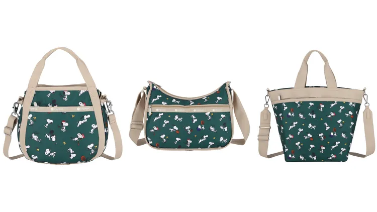 「Peanuts史努比與糊塗塔克 」斜背手提兩用包（左起）4800元、經典斜背包5500元、手提斜背兩用方形包5850元。品牌提供