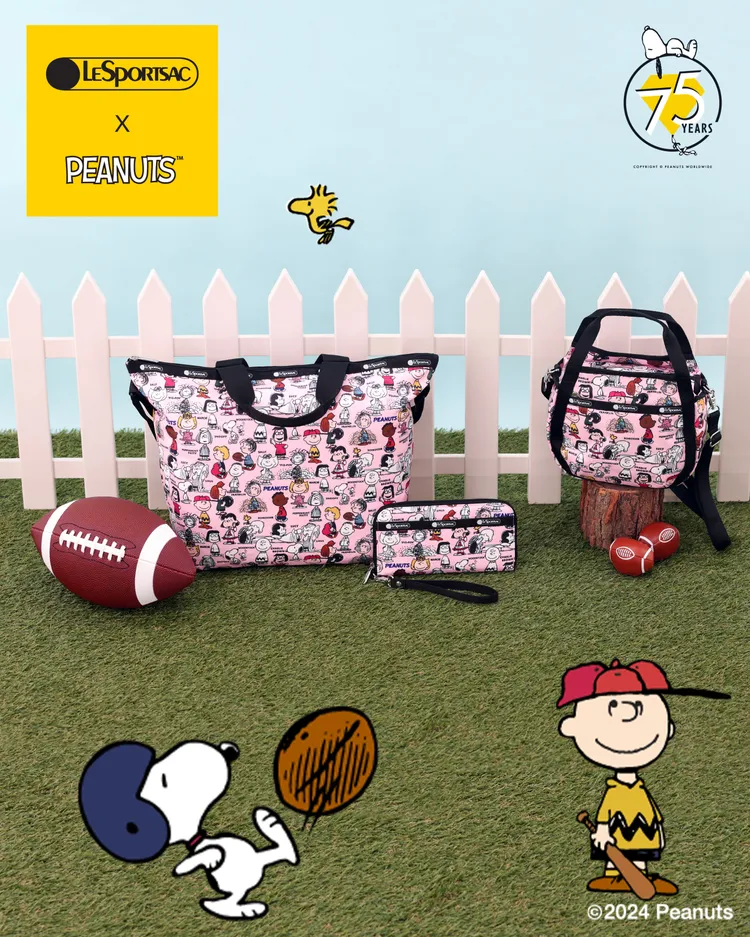 「Peanuts Gang Pink夥伴大集合」印花以粉色打底描繪出青春氣息。品牌提供