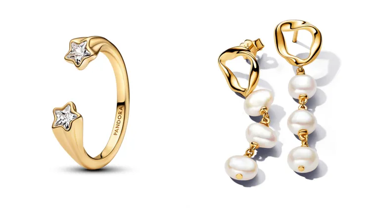 PANDORA流星開圈戒指（左）2880元、自然波紋圓圈配巴洛克淡水珍珠耳墜（右）5580元。品牌提供