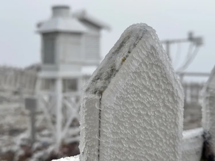 玉山氣象站成銀白世界。氣象署提供