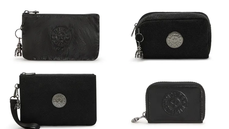 Kipling三夾層配件包CREATIVITY L（左至右、上至下）1980元、三夾層配件包CREATIVITY S 1380元、萬用收納包GLEAM 1780元、拉鍊零錢包CASH BUDDY 1780元。品牌提供