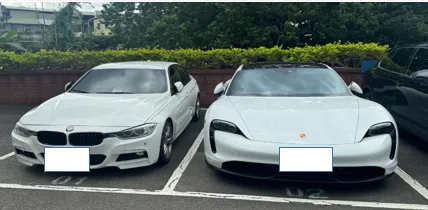 警方查扣保時捷Taycan、BMW廠牌328i自小客車各1輛。民眾提供