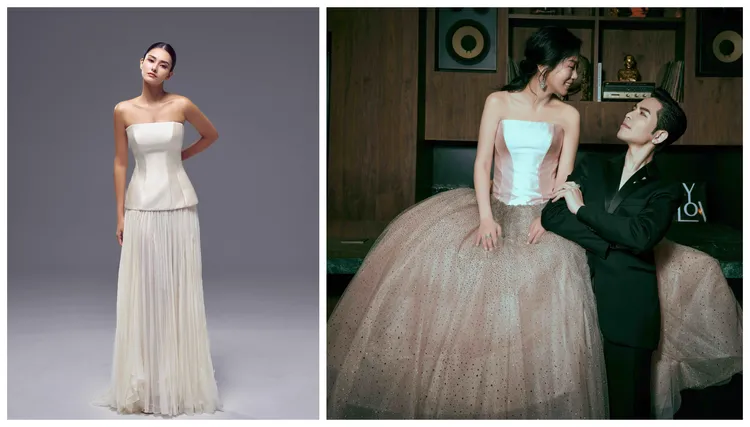 2025婚紗趨勢：腰線下移，Summer（右圖左）的婚紗照造型就走在潮流上。左圖品牌提供、右圖喜鵲娛樂提供