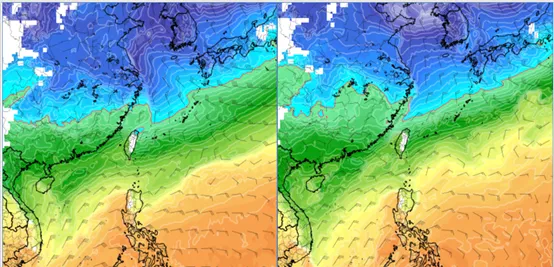 最新（14日20時）歐洲模式（ECMWF），22日8時模擬圖顯示，強冷空氣南下，其強度調強，850百帕零度（紅）線觸及北部陸地（左圖）。最新美國模式（GFS），22日8時模擬圖則顯示，冷空氣強度調弱，850百帕零度（紅）線，在北部海面（右圖）。氣象應用推廣基金會