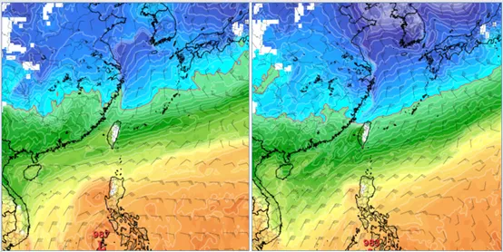 最新(13日20時)歐洲模式(ECMWF)，22日20時模擬圖顯示，強冷空氣南下，850百帕零度(紅)線，在北部海面(左圖)。最新美國模式(GFS)，下週六(21日)20時模擬圖則顯示，850百帕零度(紅)線，已接觸北部陸地(右圖)，其強度較歐洲模擬強，且早了一天。氣象應用推廣基金會
