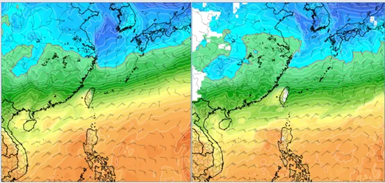 最新(2日20時)歐洲模式(ECMWF)，8日20時模擬圖顯示，850百帕零度(紅)線，與北部陸地有段距離(左圖)。最新(2日20時)美國模式(GFS)，8日20時模擬圖顯示，850百帕零度線，與北部陸地距離亦不小(右圖)。顯示模擬冷空氣強度已調弱。氣象應用推廣基金會