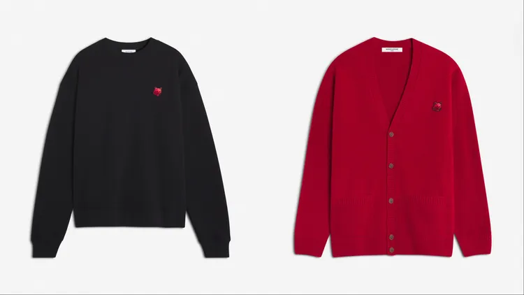 Maison Kitsuné寧靜黑蛇年變化狐狸頭舒適衛衣（左起）7800元、寶石紅蛇年變化狐狸頭開襟針織衫1萬1600元。品牌提供