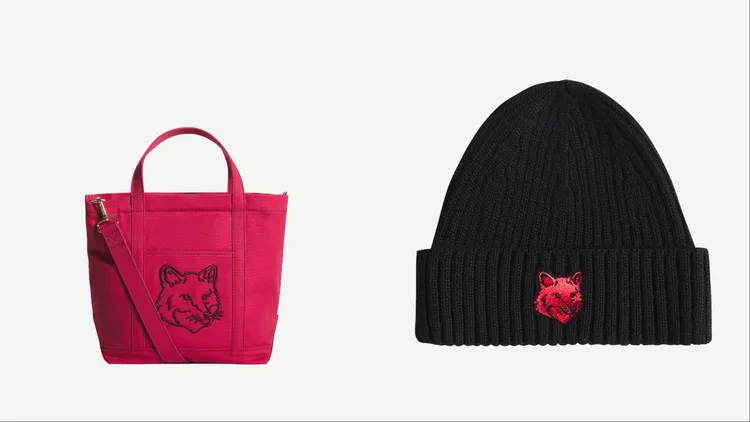 Maison Kitsuné百香果殼紅狐狸頭托特包（左起）6100元、寧靜黑蛇年變化狐狸頭LOGO毛帽3900元。品牌提供