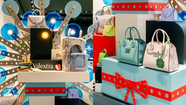 Valextra在台北SOGO敦化店打造以「孔雀」為主題的聖誕櫥窗，並於當中融入包款元素。品牌提供